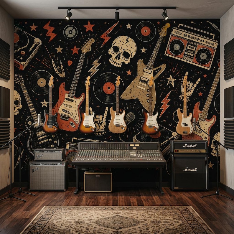 Vintage Rock Music Wallpaper, Peel and Stick Guitar Wall Mural, Non Woven Retro Band Wall Decor, Skull Wall Art