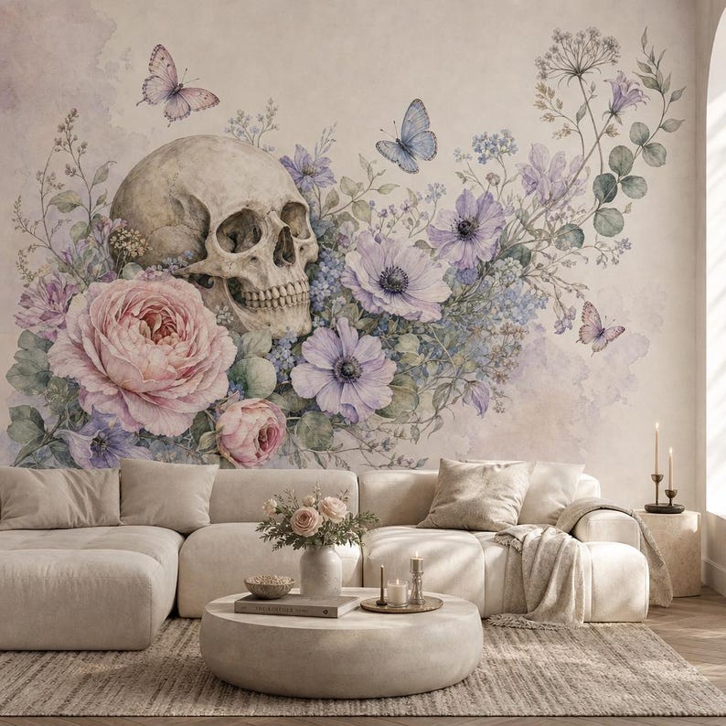 Floral Skull Wallpaper, Watercolor Gothic Flowers Wall Mural, Peel and Stick Butterfly Wall Decor, Pastel Skeleton Wall Art