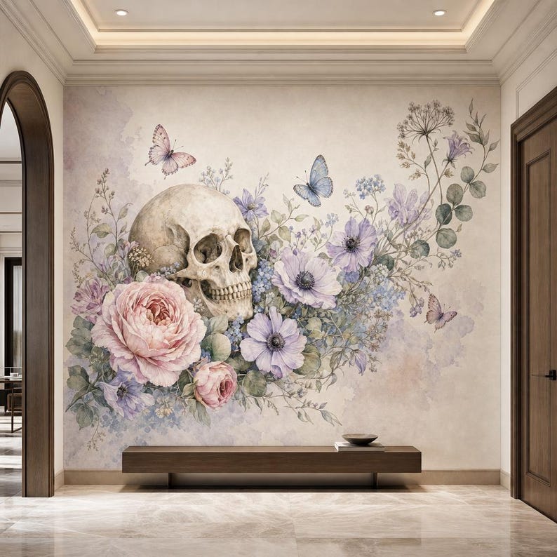Floral Skull Wallpaper, Watercolor Gothic Flowers Wall Mural, Peel and Stick Butterfly Wall Decor, Pastel Skeleton Wall Art