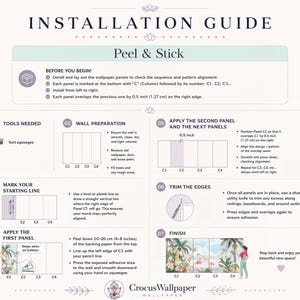 May include: An installation guide for peel and stick wallpaper featuring seven numbered steps. The document includes instructions on wall preparation, panel alignment with a 0.5 inch overlap, tool usage, and trimming edges for a mural application.