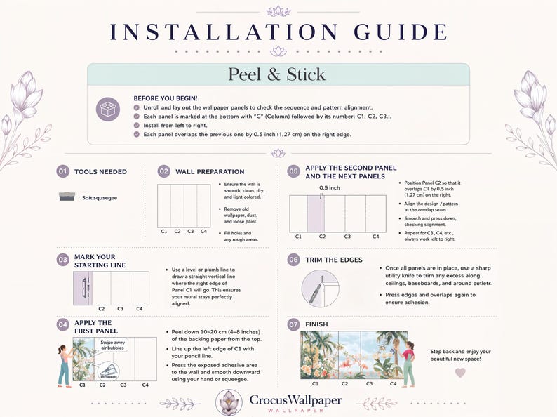 May include: An installation guide for peel and stick wallpaper featuring seven numbered steps. The document includes instructions on wall preparation, panel alignment with a 0.5 inch overlap, tool usage, and trimming edges for a mural application.