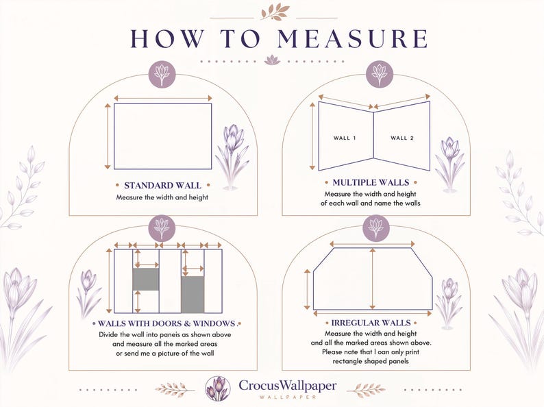May include: An instructional infographic titled HOW TO MEASURE with purple floral accents. It displays four diagrams for measuring walls: standard, multiple, with doors and windows, and irregular. Text includes instructions and CrocusWallpaper.