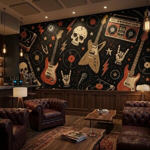 Vintage Rock Music Wallpaper, Peel and Stick Guitar Wall Mural, Non Woven Retro Band Wall Decor, Skull Wall Art