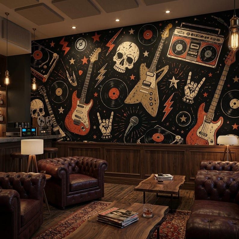 Vintage Rock Music Wallpaper, Peel and Stick Guitar Wall Mural, Non Woven Retro Band Wall Decor, Skull Wall Art