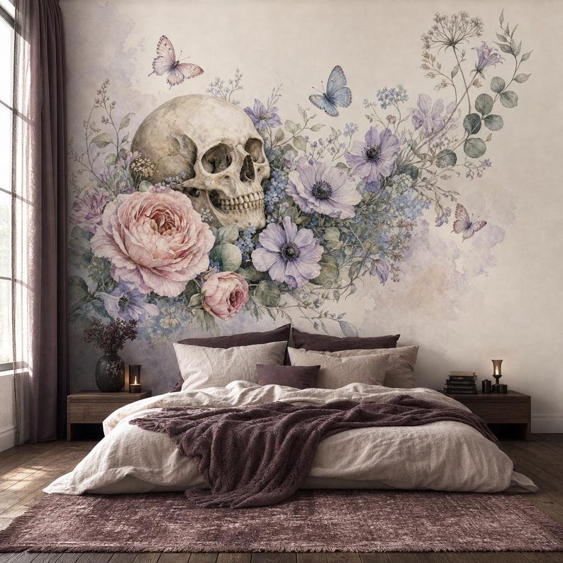 Floral Skull Wallpaper, Watercolor Gothic Flowers Wall Mural, Peel and Stick Butterfly Wall Decor, Pastel Skeleton Wall Art