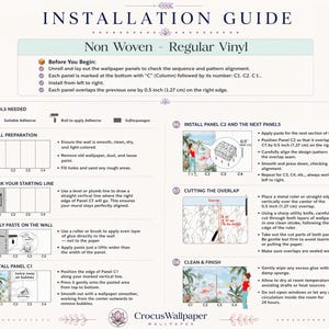 May include: An installation guide for non-woven regular vinyl wallpaper. The document features eight numbered steps with illustrations and text instructions, including a 0.5 inch overlap specification and a CrocusWallpaper logo at the bottom.