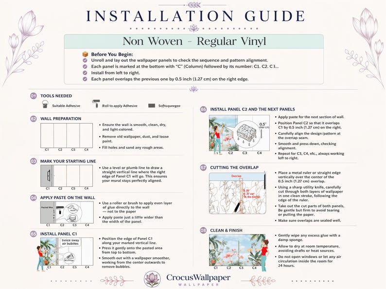 May include: An installation guide for non-woven regular vinyl wallpaper. The document features eight numbered steps with illustrations and text instructions, including a 0.5 inch overlap specification and a CrocusWallpaper logo at the bottom.