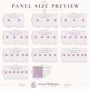 May include: A panel size preview chart for wallpaper featuring various rectangular configurations labeled with dimensions in inches and centimeters, panel counts, and a custom size section. The text reads PANEL SIZE PREVIEW and CrocusWallpaper.
