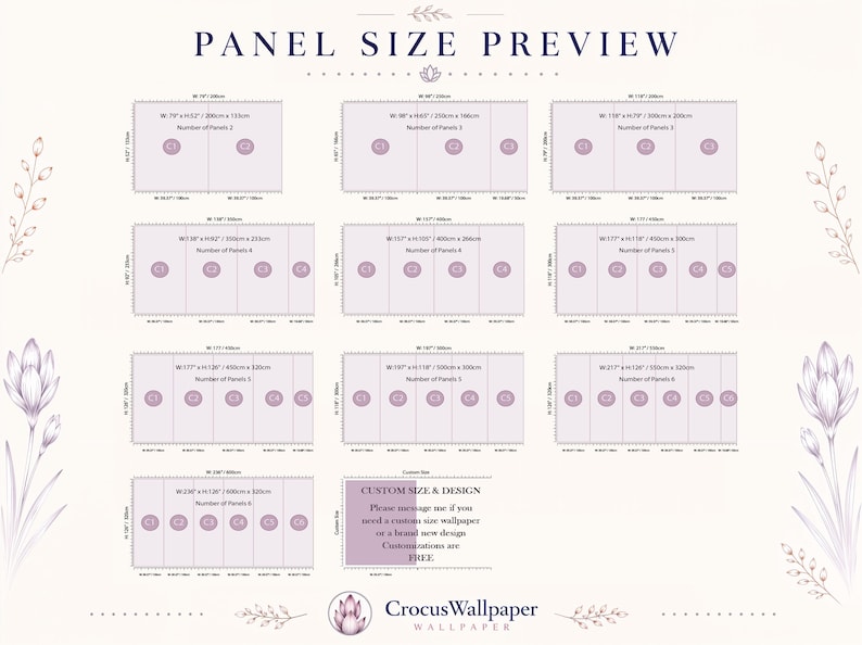 May include: A panel size preview chart for wallpaper featuring various rectangular configurations labeled with dimensions in inches and centimeters, panel counts, and a custom size section. The text reads PANEL SIZE PREVIEW and CrocusWallpaper.