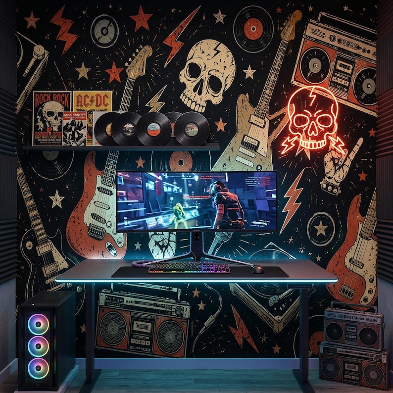 Vintage Rock Music Wallpaper, Peel and Stick Guitar Wall Mural, Non Woven Retro Band Wall Decor, Skull Wall Art