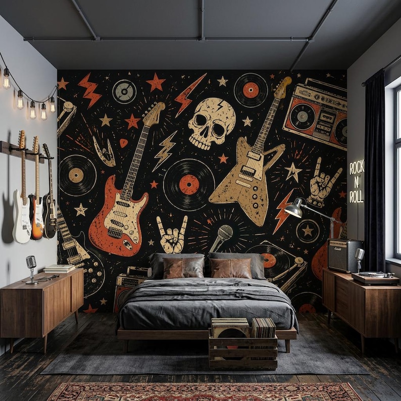 Vintage Rock Music Wallpaper, Peel and Stick Guitar Wall Mural, Non Woven Retro Band Wall Decor, Skull Wall Art