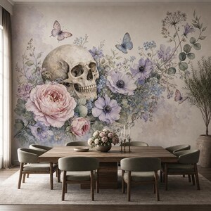 Floral Skull Wallpaper, Watercolor Gothic Flowers Wall Mural, Peel and Stick Butterfly Wall Decor, Pastel Skeleton Wall Art
