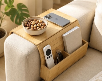 Bamboo Couch Arm Table, Sofa Caddy Organizer, Drink Remote Holder, Wood Tray