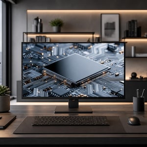 May include: A computer monitor displaying a detailed digital illustration of a central processor unit on a circuit board. The screen is positioned on a dark desk with a keyboard, a computer mouse, a notebook, a pen, and a small potted plant.