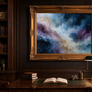 May include: A rectangular wall art piece featuring an abstract nebula painting with swirling shades of deep blue, purple, and white, encased in an ornate, antique-style gold frame with intricate carved detailing along the edges.