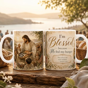 Scripture Mug, Matthew 14:20 Christian Mug with Jesus Feeding 5000 Design