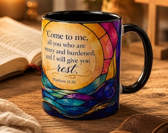 Matthew 11:28 Bible Verse Mug, Christian Coffee Cup, Come To Me All Who Are Weary Mug, Stained Glass Scripture Gift, Faith Prayer Mug