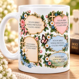 Bible Verse Mug, White Ceramic Floral Design with Custom Scripture, 11oz or 15oz