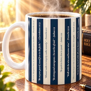 Navy Bible Verse Mug for Men, Striped Christian Scripture Ceramic Coffee Cup, 11oz/15oz