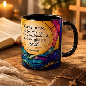Matthew 11:28 Mug, Christian Coffee Cup, Stained Glass Scripture Gift