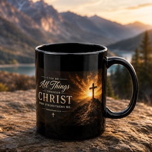 Philippians 4:13 Christian Mug, Glossy Black Ceramic Scripture Mug