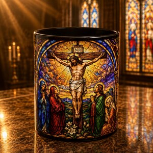 Coffee Mugs, Crucifixion Stained Glass, Christian Accent Drinkware | Ceramic | 11 Oz, Two Tone