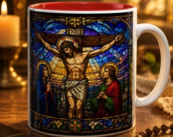 Jesus Crucifixion Mug, Christian Coffee Cup, Stained Glass Cross Mug, Faith Bible Mug, Religious Gift, Holy Bible Coffee Cup