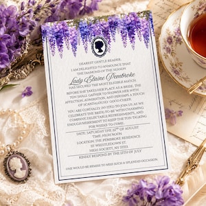 May include: A rectangular invitation card featuring a top border of purple wisteria flowers and a central black silhouette cameo. The text announces the engagement of Lady Elaine Pembroke, including event details for a wedding shower on 22nd August.