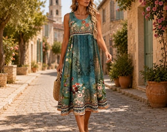 Vestido bohemio floral sin mangas para mujer – Vestido midi de corte A con cuello redondo y estampado turquesa vintage