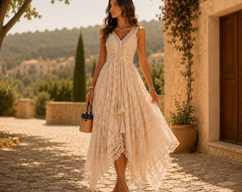 Vestido largo de playa estilo bohemio con encaje – Vestido de verano sin mangas con escote en V para mujer – Elegante vestido largo con detalles calados – Ropa de resort