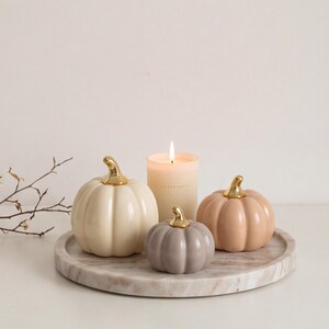 May include: Three ceramic pumpkins in cream, light grey, and peach, each featuring a shiny gold-toned stem. A single lit candle in a cylindrical glass container sits among the pumpkins on a round, white and grey marbled stone tray.