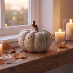 May include: A light gray ceramic pumpkin featuring a glossy finish with small, raised gold-colored dots across its surface and a textured, brown-toned stem. The pumpkin is rounded with deep vertical ridges and a smooth, reflective appearance.