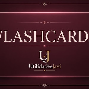 May include: A rectangular digital graphic with a dark maroon background and a decorative border. The text FLASHCARDS is centered in white, followed by a gold and white logo with the letters UJ and the text UtilidadesJavi underneath it.