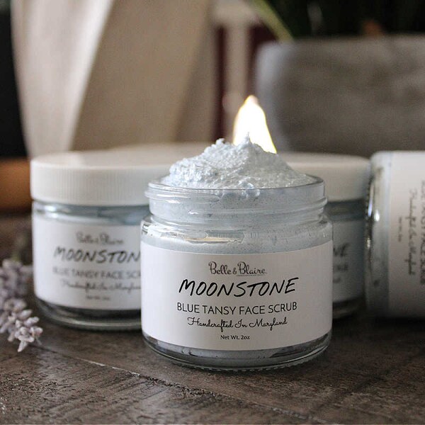 Moonstone Blue Tansy Face Scrub- Cleansing Scrub- Blue Tansy- Face Polish- Zero Waste Skincare- Handmade Skincare- Cruelty Free