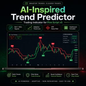 May include: A laptop screen displaying an AI-Inspired Trend Predictor trading indicator for Pine Script v5. The interface features a candlestick chart with red and green buy and sell signals, an AI trend dashboard, and various technical indicators.