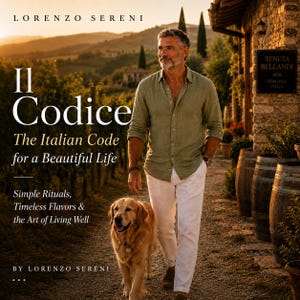 May include: A book cover titled Il Codice The Italian Code for a Beautiful Life by Lorenzo Sereni featuring a man in a light green button-down shirt and white trousers walking with a golden retriever on a path beside a vineyard and stone building.