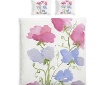 Juego de cama de algodón con estampado floral en acuarela rosa y azul / Funda nórdica y funda de almohada