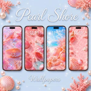 May include: Four smartphones displaying digital wallpapers with a Pearl Shore theme. The screens feature pink seashells, pearls, and coastal scenes with the time 11:11. The background is light blue with scattered pink coral and pearl accents.