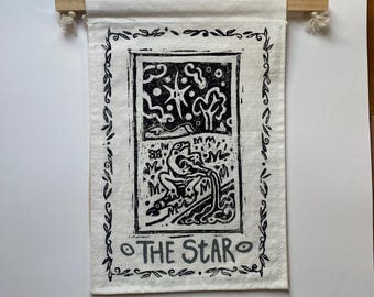 Toad themed Tarot cards.                                individual Lino printed fabric wall hanging