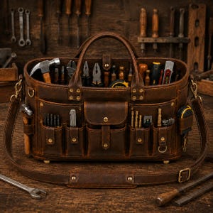 Leather Tool Bag for Electricians & Carpenters, Vintage Brown Tool Tote, Heavy Duty Leather Tool Bag, Carpenter Tool Bag with Shoulder Strap