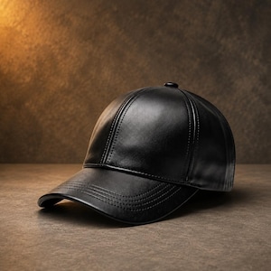 Puede incluir: Una gorra de béisbol negra fabricada con un material liso similar al cuero. La gorra presenta una corona estructurada de seis paneles con costuras visibles a lo largo de las uniones y una visera curva con tres filas de costuras decorativas paralelas.
