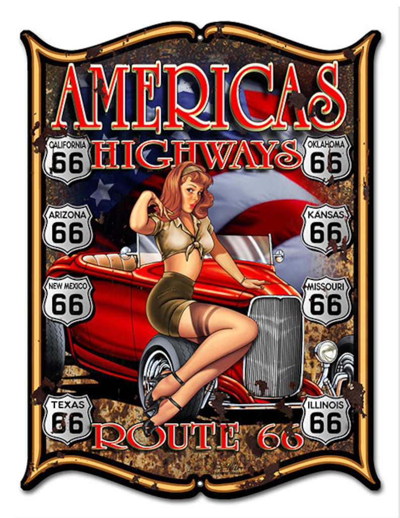 Poster Metalico Litografia Route 66 Main Pin Up Cartel 