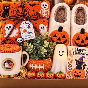 女性向けハロウィンギフトボックス：かぼちゃのスリッパ、マグカップ、お菓子入り（ギフトに最適）