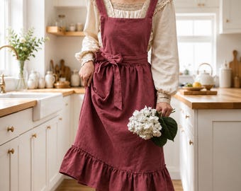 Vintage Style Linen Ruffle Apron, Cottagecore Kitchen Cooking Baking Gardening Wear