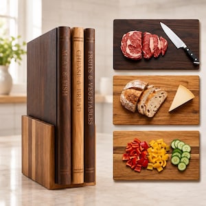 Ensemble de planches à découper en noyer et érable avec support | Planches de préparation de cuisine modernes