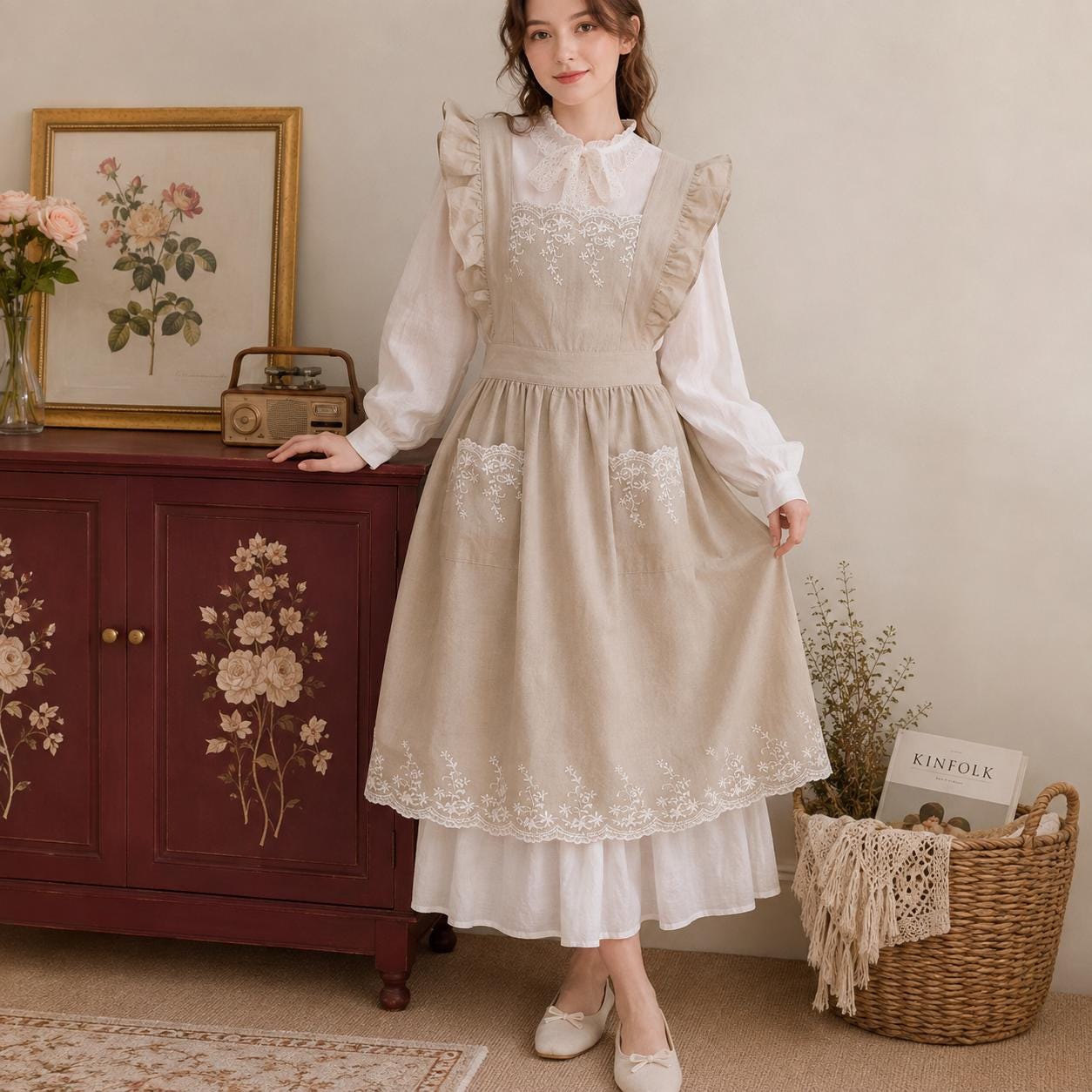 French Linen Ruffled Apron, Retro Farmhouse Cottagecore Cooking Apron