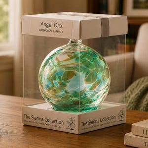 May include: A spherical glass orb with swirling teal, green, and white patterns, encased in a clear plastic box. The packaging features the text Angel Orb, Archangel Raphael, and The Sienna Collection, Inspirational Hand Crafted Art Glass.