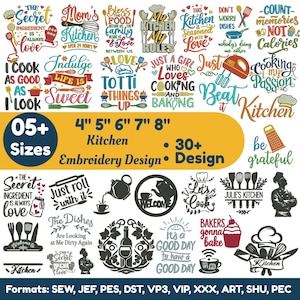 May include: A collection of kitchen-themed embroidery designs featuring various culinary quotes, cooking utensils, and food illustrations. The image displays text such as The Secret Ingredient Is Always Love, Mom's Kitchen, and Just Roll With It, alongside icons of whisks, pans, and chef hats in multiple colors and black and white styles.