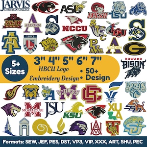 Puede incluir: Una colección de varios logotipos universitarios HBCU y diseños de bordado de mascotas en varios colores. La imagen incluye texto que dice 5+ Sizes, 3" 4" 5" 6" 7", HBCU Logo Embroidery Design, 50+ Design, y Formats: SEW, JEF, PES, DST, VP3, VIP, XXX, ART, SHU, PEC.