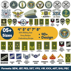 Könnte beinhalten: Eine Sammlung von Stickmustern des US-Militärs mit verschiedenen Zweigemblemen, Rangabzeichen und Abzeichen. Das Bild zeigt kreisförmige Siegel, rechteckige Aufnäher und Chevron-Muster mit Textbeschriftungen für jeden militärischen Rang und Zweig.